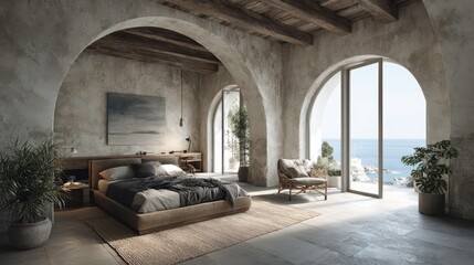 Fototapeta premium Coastal interior design of modern bedroom with arched ceiling.