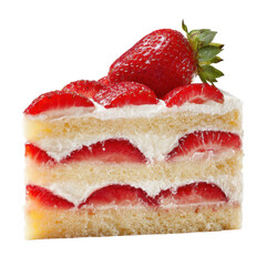 Delicious strawberry shortcake slice garnished with fresh strawberries set against a clean background