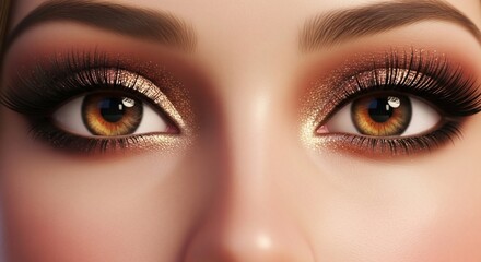Obraz premium Close-up of Eyes with Glittering Bronze Eyeshadow and Long Lashes