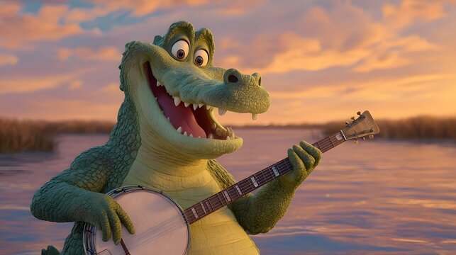 Animated crocodile plays a banjo outdoors at sunset.