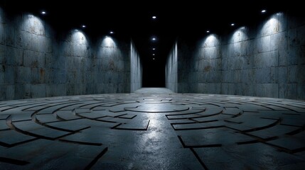 Dark, stone corridor with a maze floor