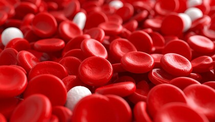 High-detail 3D rendering of red blood cells mixed with white blood cells, concept of immunity and human health.