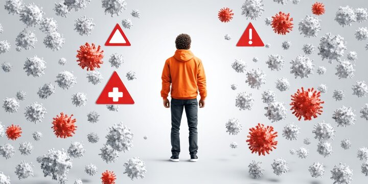Stylized Human Figure Surrounded by Warning Signs and Viruses - Concept of Pain and Danger | Copy Space Available
