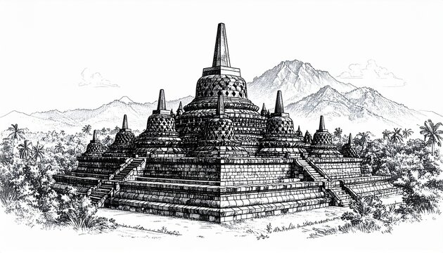 Fine line art of Borobudur Temple with detailed stupas and mountain landscape, cultural and historical landmark of Indonesia.