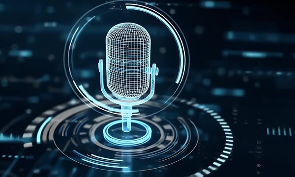 A digital blue hologram of a microphone icon, surrounded by data and code