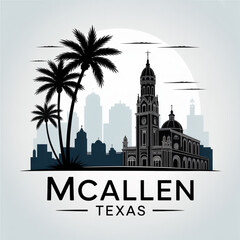 Fototapeta premium McAllen, Texas Skyline Silhouette - Basilica City and Palm-Lined Downtown Vector Illustration