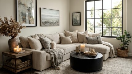 Obraz premium Contemporary neutral living room with a soft-textured sofa, black round coffee table, abstract wall art, and decorative pillows. Calm earthy color scheme.