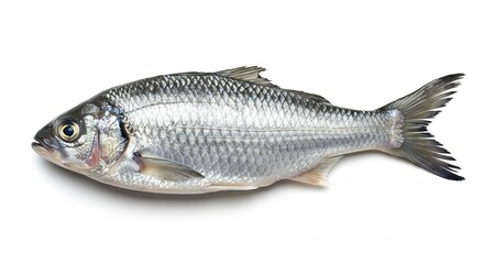 Fototapeta premium Silver fish lays on white background brightly lit. AI Generated