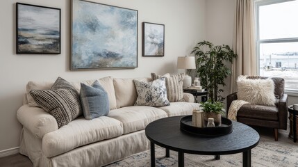 Contemporary neutral living room with a soft-textured sofa, black round coffee table, abstract wall art, and decorative pillows. Calm earthy color scheme.