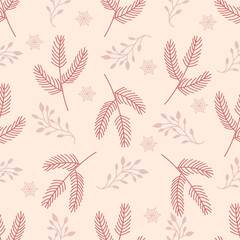 Elegant seamless pattern of red botanical leaves and branches on a soft cream background, perfect for fabric, wallpaper, and wrapping paper designs.