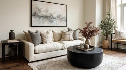 Naklejka premium Contemporary neutral living room with a soft-textured sofa, black round coffee table, abstract wall art, and decorative pillows. Calm earthy color scheme.