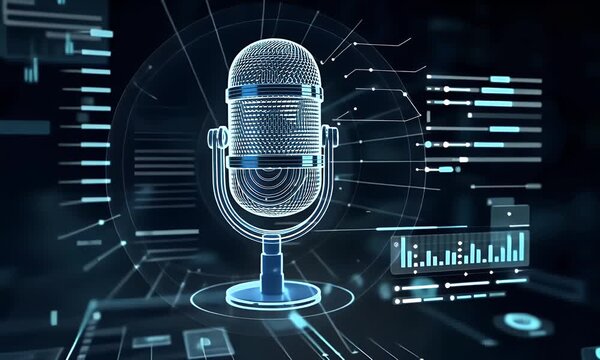 A digital blue hologram of a microphone icon, surrounded by data and code