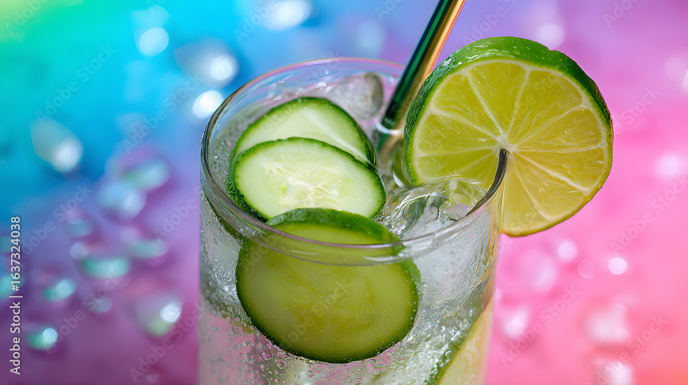 Poster refreshing mixed drink with lime and ice. features cucumber slices and a straw, against a colorful b