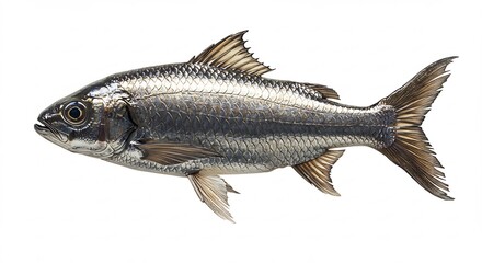 Obraz premium Silvery fish gleams brilliantly against stark white background. AI Generated