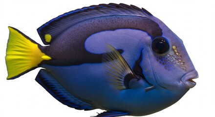 Naklejka premium Vibrant blue fish swims gracefully against bright white background. AI Generated