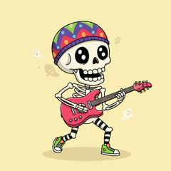 Playful cartoon skeleton rocking a pink electric guitar, dressed in a colorful hat and striped leggings with ghostly accents.