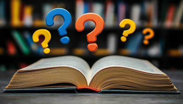 Open book with colorful question marks