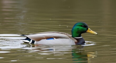 Fototapeta premium A serene mallard swims peacefully in calm waters, showcasing vibrant colors