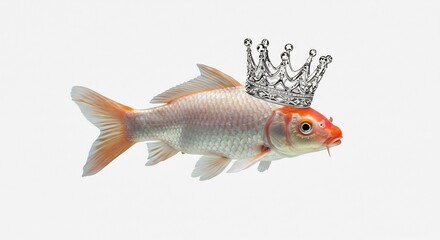 Regal Koi fish proudly wears a sparkling crown against a bright white background. AI Generated