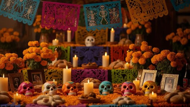 Traditional Dia de los Muertos ofrenda with colorful sugar skulls. Altar with marigold flowers, candles, and papel picado for Day of the Dead celebration.