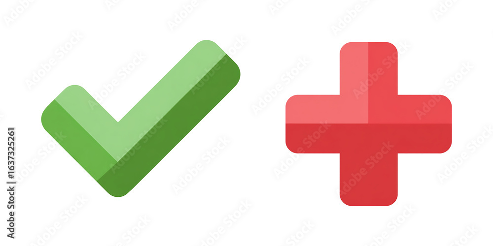 Poster green check mark and red plus sign isolated on transparent background