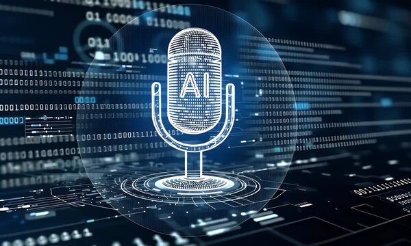 A digital blue hologram of a microphone icon, surrounded by data and code