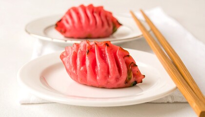Two vibrant pink dumplings on white plates