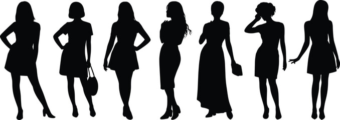 Fashion silhouettes of women, female models posing, stylish dresses, black and white silhouettes, modern fashion, elegance, female confidence, diverse hairstyles, casual and formal wear