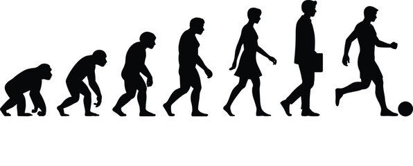 Silhouette of Human Evolution Progression – From Primate to Modern Man and Woman Playing Soccer – Vector Illustration