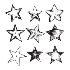 Hand drawn stars set. Doodle elements collection. Star symbols with grunge texture. 