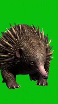 Close Up Animated Short Beaked Echidna With Distinctive Spines Walking Isolated by Green Screen Background Australian Native Mammal Perfect for Wildlife Education and Documentaries Footage