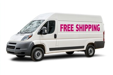 Over&nbsp;stark&nbsp;white&nbsp;setting&nbsp;cargo&nbsp;van&nbsp;is&nbsp;shifting&nbsp;while&nbsp;words&nbsp;FREE&nbsp;SHIPPING&nbsp;are&nbsp;depict&nbsp;shipping services and marketing efforts space, Generative AI.