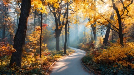 A pathway winding through a sunlit autumn forest.