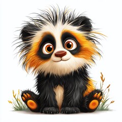Fototapeta premium Adorable Cartoon Panda with Wild Fluffy Hair A Whimsical Illustration of a Playful Bear Cub