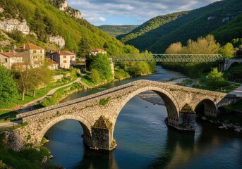 Picturesque stone bridge spanning a turquoise river amidst lush landscapes