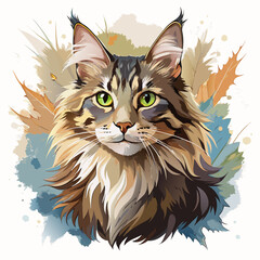vector illustration of maine coon, close portrait, watercolor