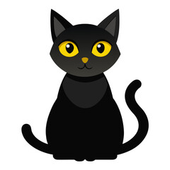 vector illustration of black cat, sitting alert, flat design