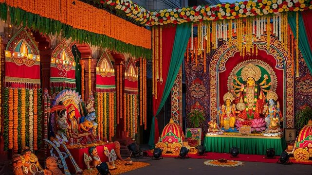 Vibrant Durga Puja pandal with traditional idols of the goddess. Hindu festival celebration with colorful decorations and lights.