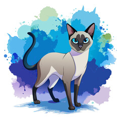 vector illustration of siamese cat, walking, watercolor