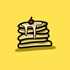 Pancake illustration vector with yellow background, food packaging, menu illustration hand drawn print ads, food business, cafe