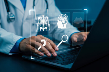 Doctor using laptop for medical diagnosis with ai technology and digital healthcare innovation concept