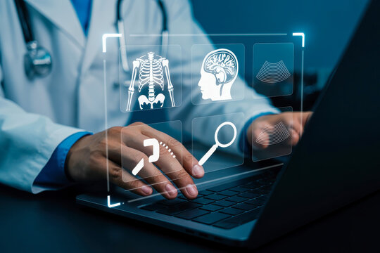 Doctor using laptop for medical diagnosis with ai technology and digital healthcare innovation concept