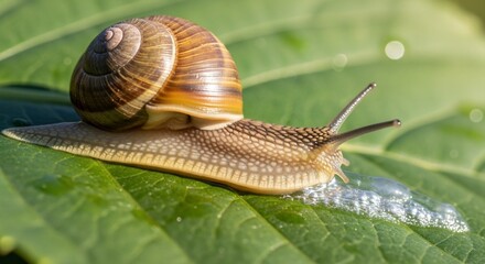 Garden Snail on Green Leaf with Trail