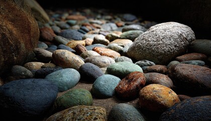 Colorful, smooth river rocks in shadowed alcove