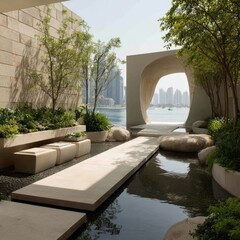 Fototapeta premium Modern, light-filled courtyard with a water feature and lush greenery, leading to a view of city and water