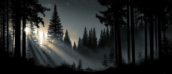 Mystical Forest Dawn: The sun breaks through the trees, painting a scene of enchantment. The air is filled with a soft mist.