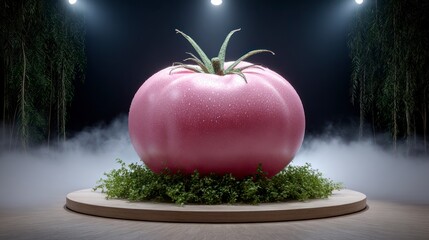 A large dew kissed pink tomato rests on green foliage illuminated by spotlights against a dark misty background