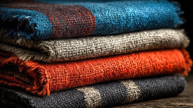 Stack of four folded textiles in muted colors, showing texture and frayed edges