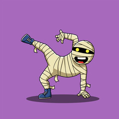 Energetic cartoon mummy character wrapped in beige bandages, dancing playfully with bright yellow eyes and blue sneakers against a purple background.