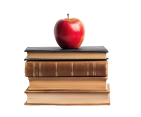 A red apple sits atop a stack of aged books